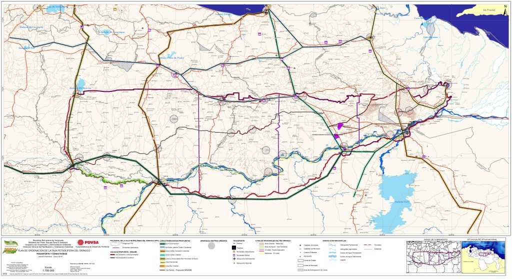 Mapa de vialidad, infraestructura de transporte y conectividad en la Faja Petrolífera del Orinoco.