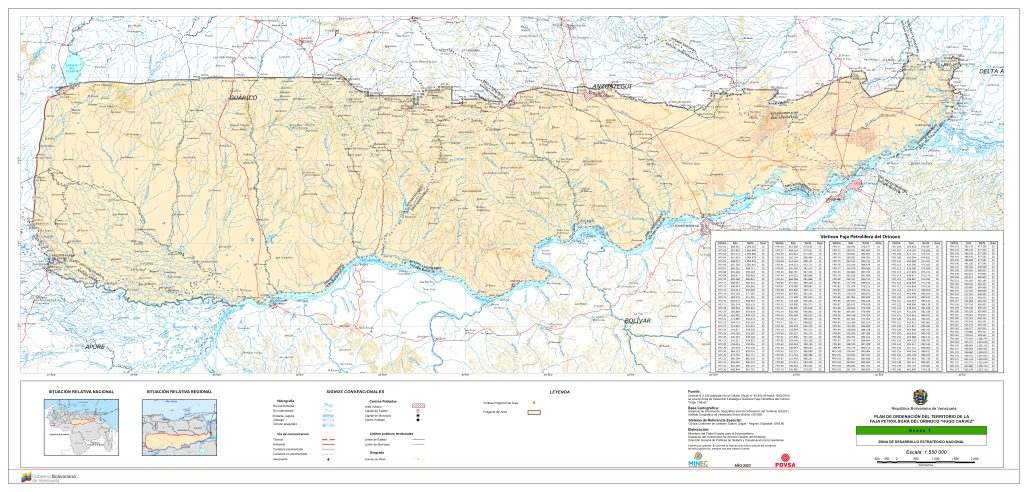 Mapa cartográfico del Anexo 1 que muestra la poligonal de la Zona de Desarrollo Estratégico Nacional en la Faja Petrolífera del Orinoco.